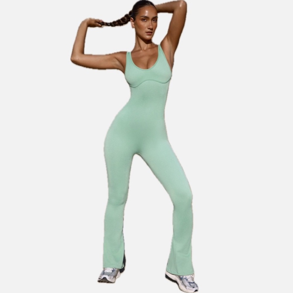 Bo+Tee Flared Full Length Unitard in Mint Green jumpsuit
